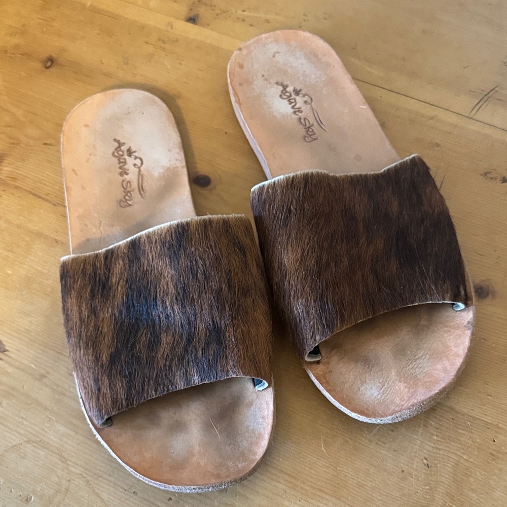 Cowhide Brindle Brown slides - Agave Sky Slide Sandals